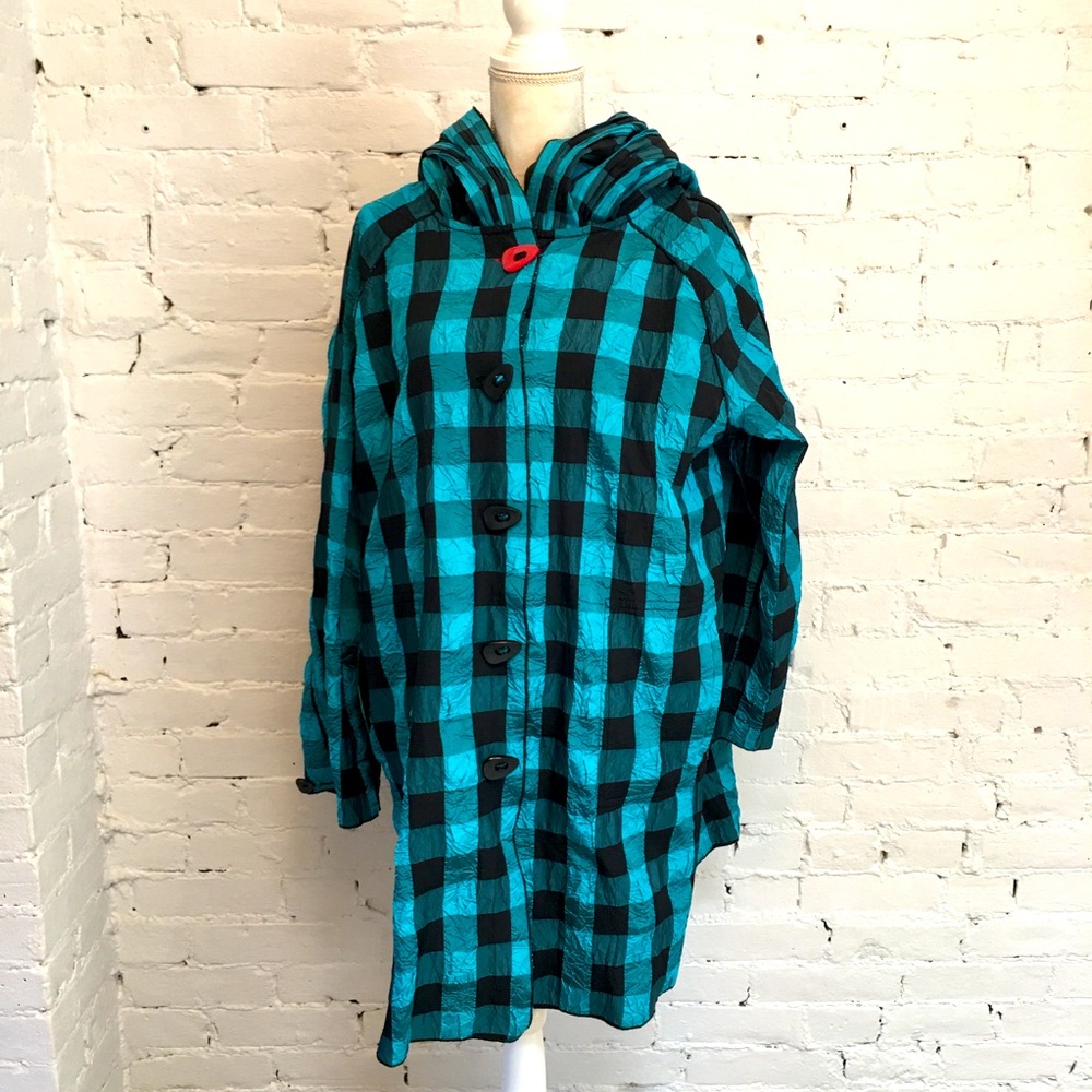 UBU crinkle hooded jacket blue buffalo check size 1X art to wear relaxed